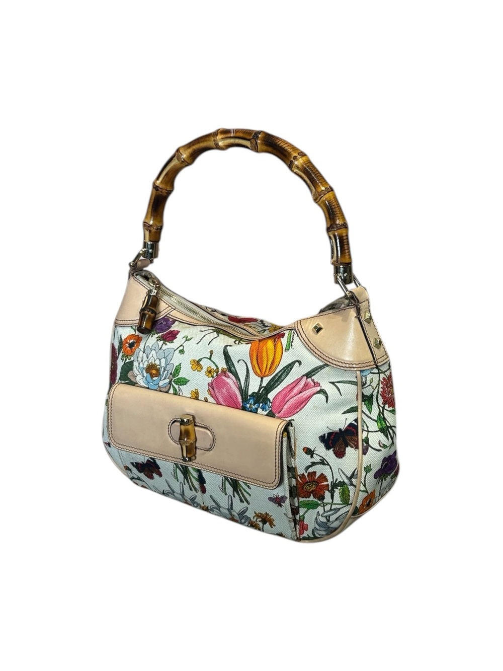 Vintage Y2K Gucci Flora Bamboo Canvas Leather Bamboo Shoulder Bag - Picture 2 of 6